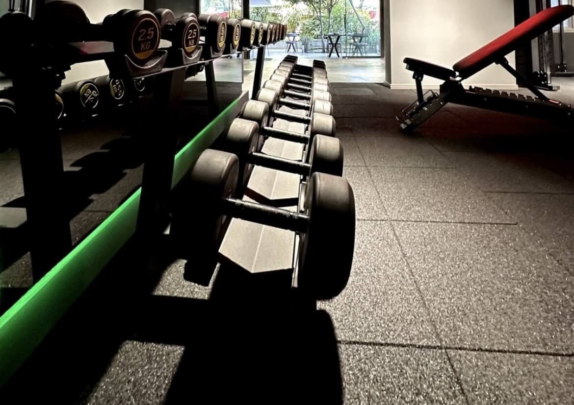 Spor salonunda sıra halinde dizilmiş dambıllar ve arkada ayarlanabilir ağırlık sehpası